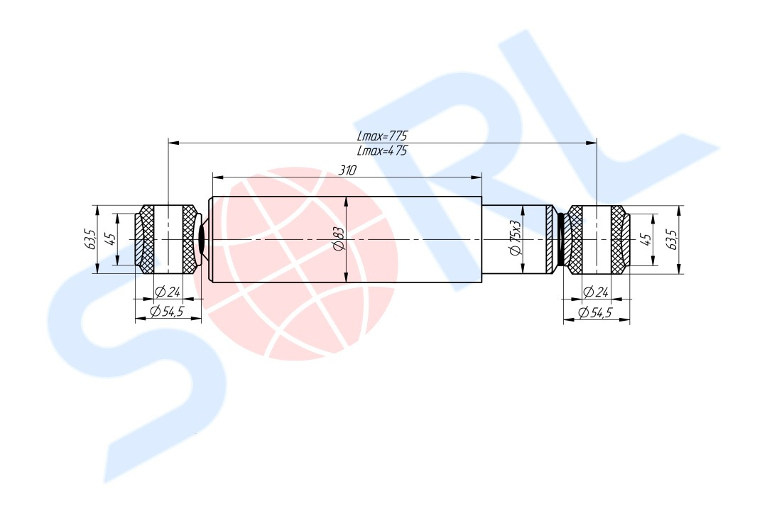 Амортизатор подвески для КАМАЗ, УРАЛ 300/475, O/O 24x64/24x64 (50.5.2905005)